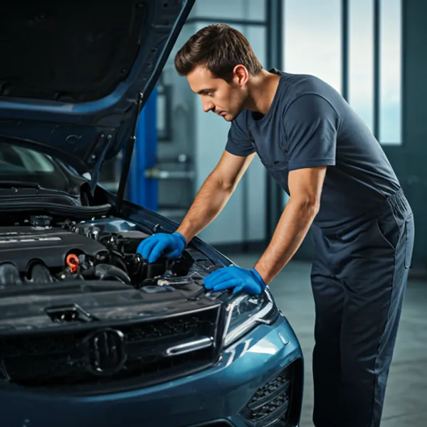Mechanic inspecting a car engine in a modern garage