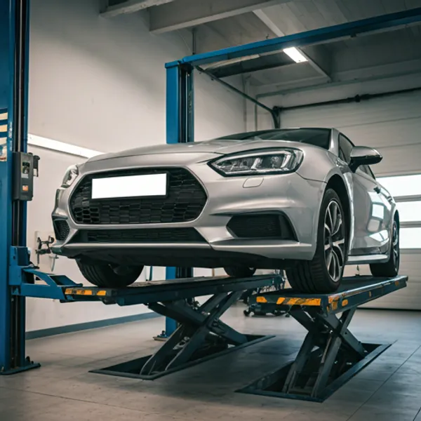 Modern car being inspected on a lift in a clean workshop